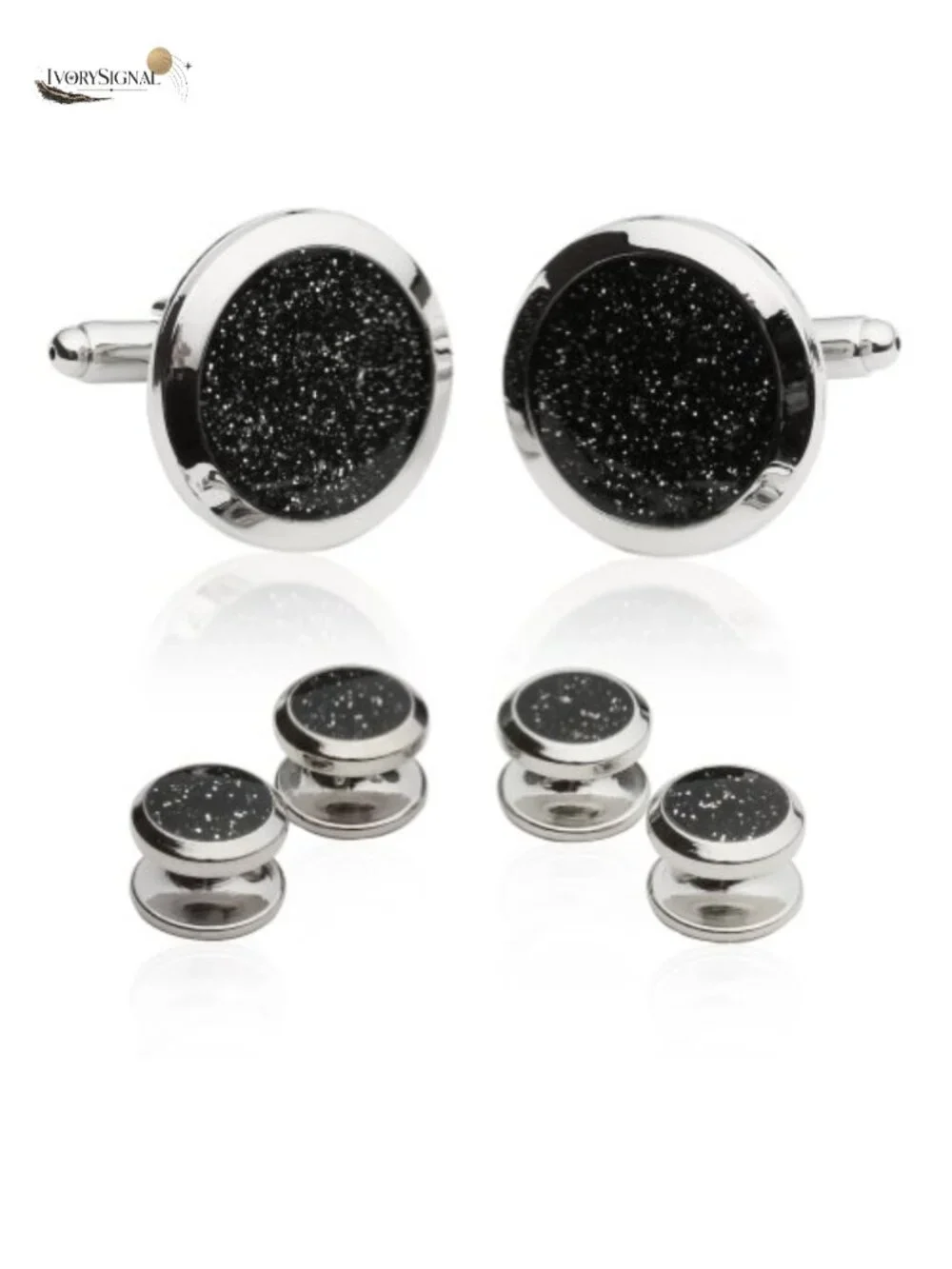 Men's Black Diamond Dust Tuxedo Cufflinks & Studs Set in Gift Box